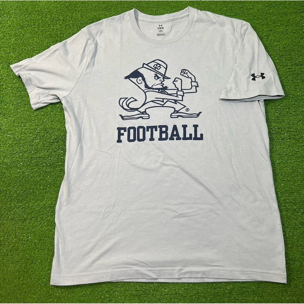 Notre Dame Football Team Issued Shirt LG Under Armour UA Grey Big Leprechaun ND
